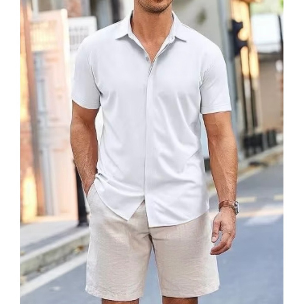 Casual Short Sleeve Button-Down Shirt - White